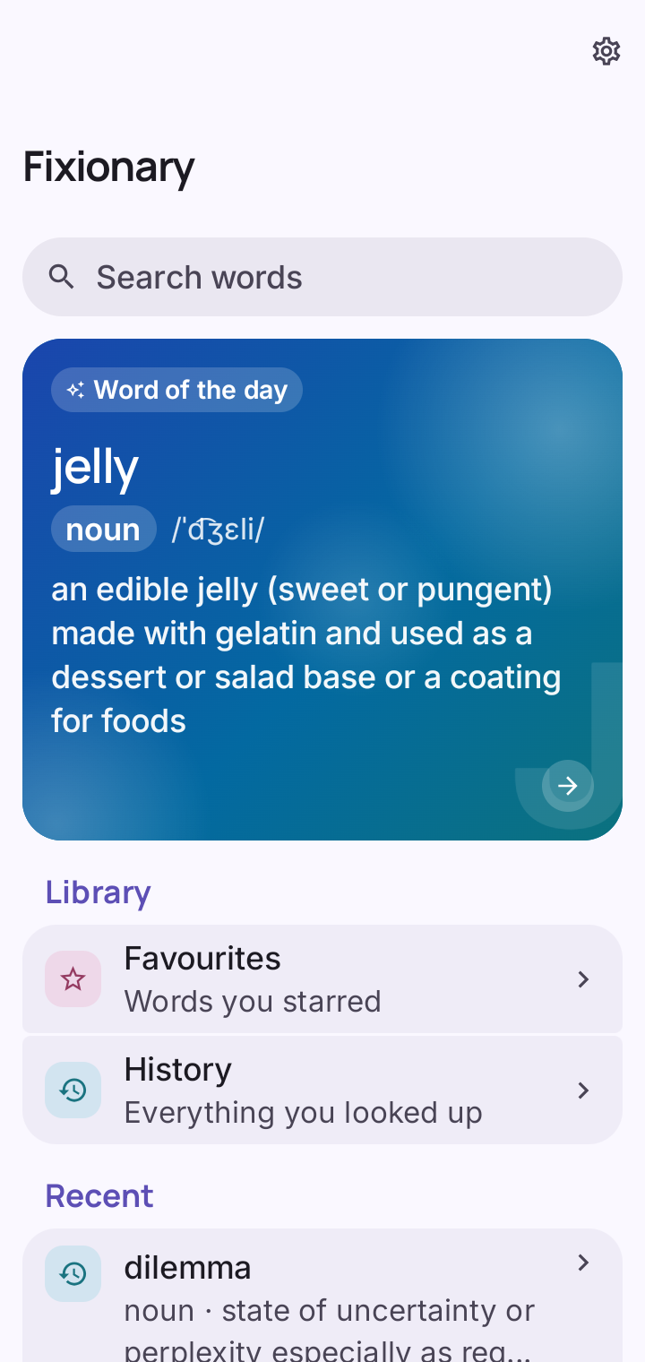 Fixionary home screen with the search bar